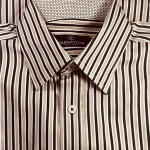 Bugatchi Men’s Shirt, Long Sleeve, Black-Brown & White Stripes, Size-Med.
